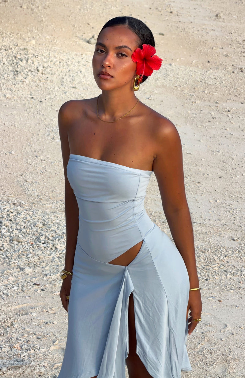 All Eyes Here Strapless Midi Dress Baby Blue