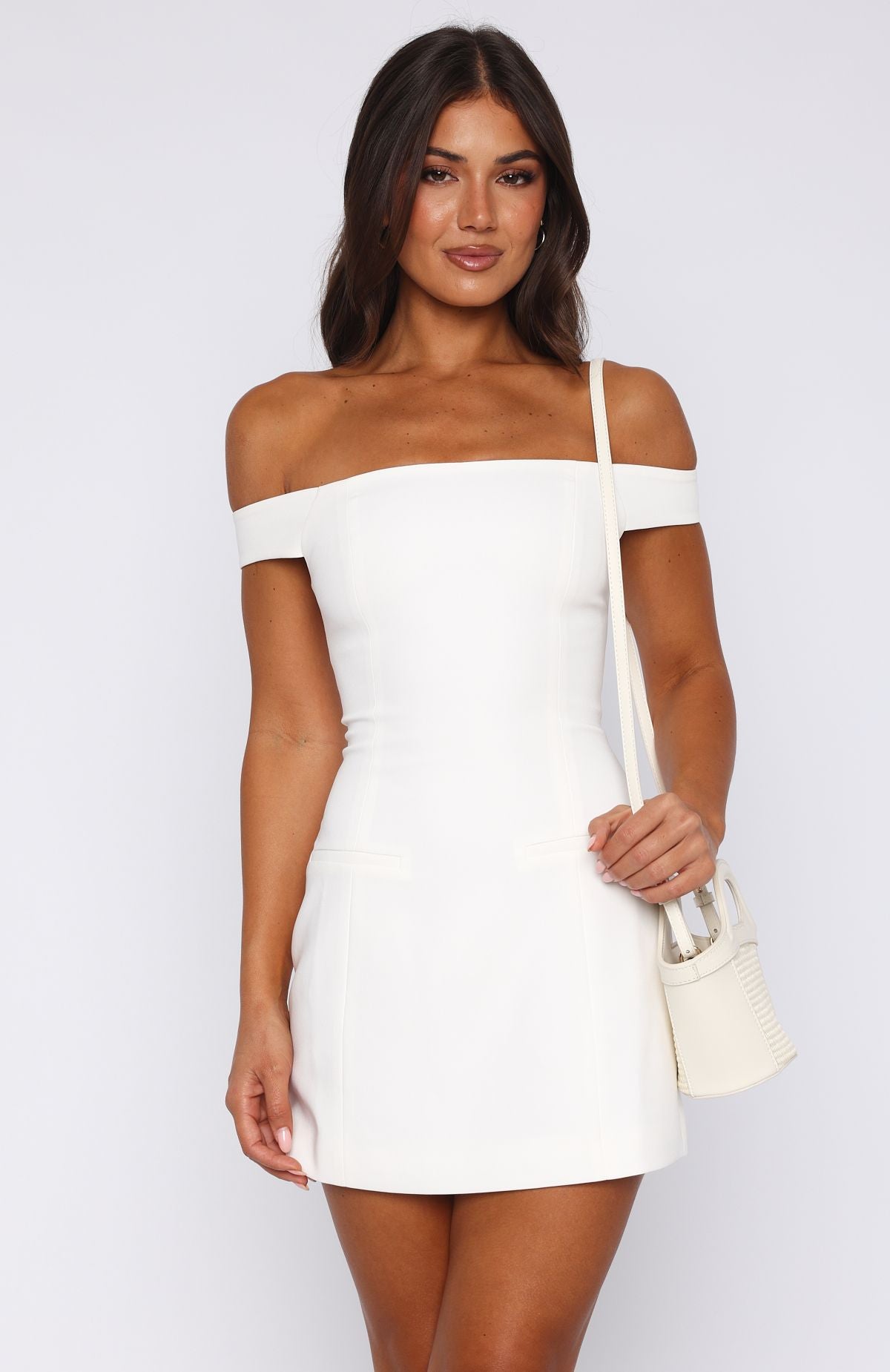 Private Planes Off Shoulder Mini Dress White | White Fox Boutique UK