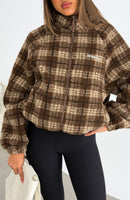 We're Not Working Fleece Oversized Zip Front Funnel Neck Jacket Brown Print