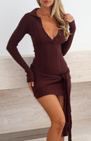 Chasing Sunbeams Knit Long Sleeve Mini Dress Chocolate