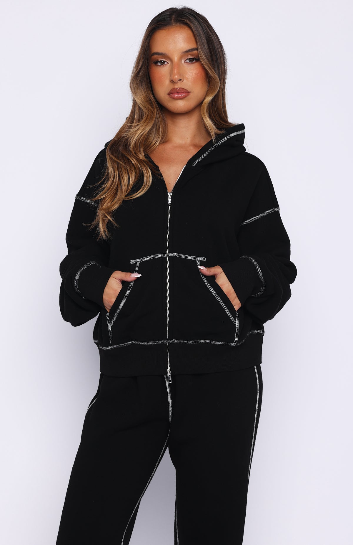 Flashing By Boxy Zip Front Hoodie Black | White Fox Boutique UK