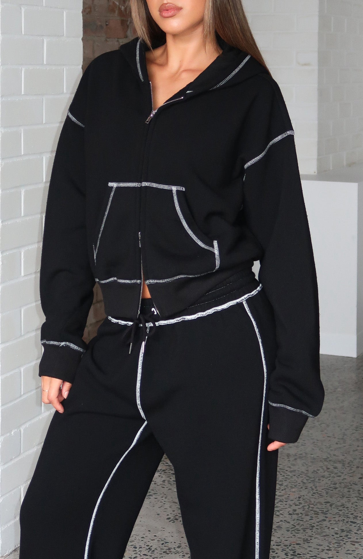 Flashing By Boxy Zip Front Hoodie Black | White Fox Boutique UK