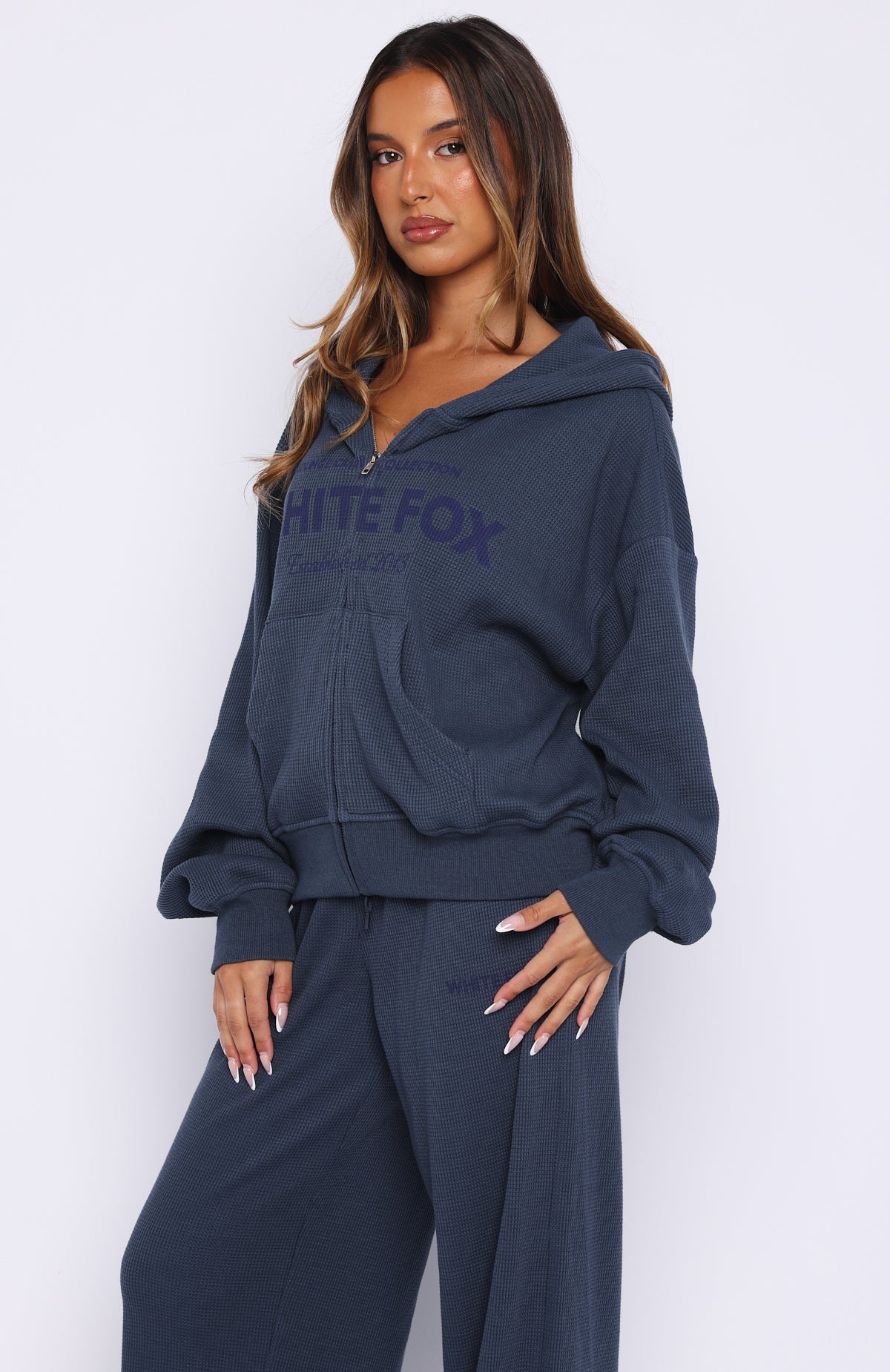 トップス fetico RUFFLED CUFFS WAFFLE BODY SUITSM Leave Me Out Of It Waffle Boxy Zip Front Hoodie Navy | White Fox