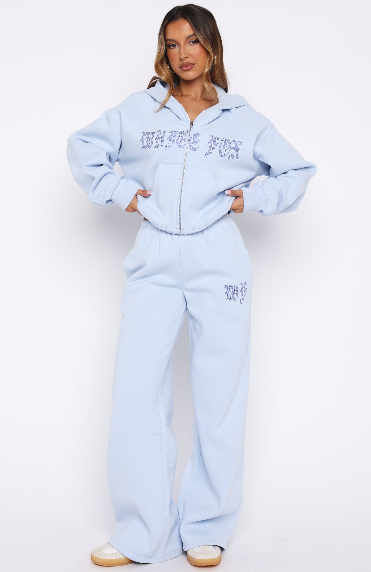 Lumignon Big Fur knit hoodieホワイト×ライトブルー Lucky Ones Boxy Zip Front Hoodie Baby Blue | White Fox Boutique UK