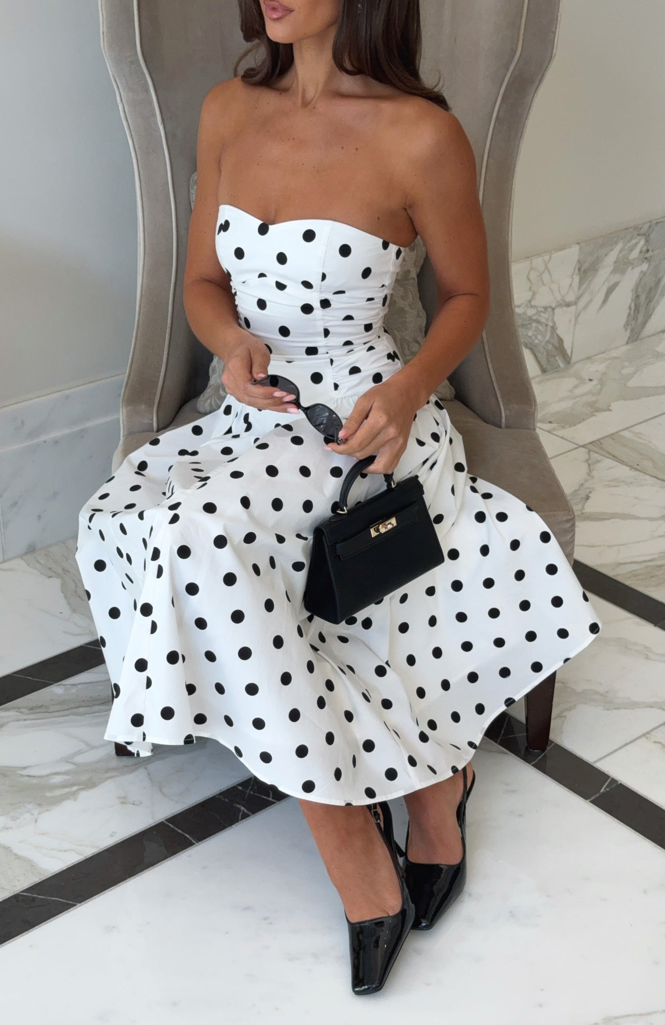 polka dot midi dress uk Rich In Love Strapless Midi Dress White/Black Polka Dot
