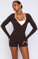 Staying Cute Long Sleeve Wrap Top Dark Chocolate