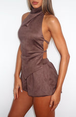 Still Love Me Faux Suede Mini Shorts Dark Chocolate