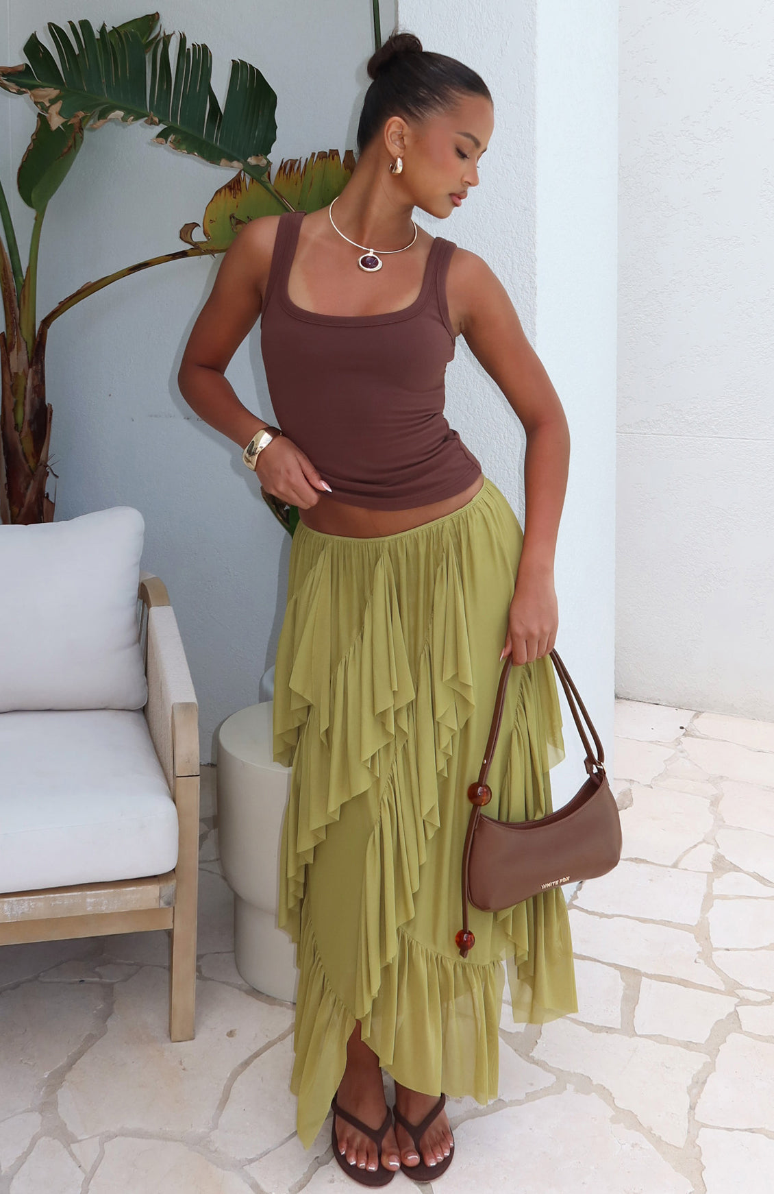 White Fox Boutique Sunset Strolls Midi Skirt Matcha