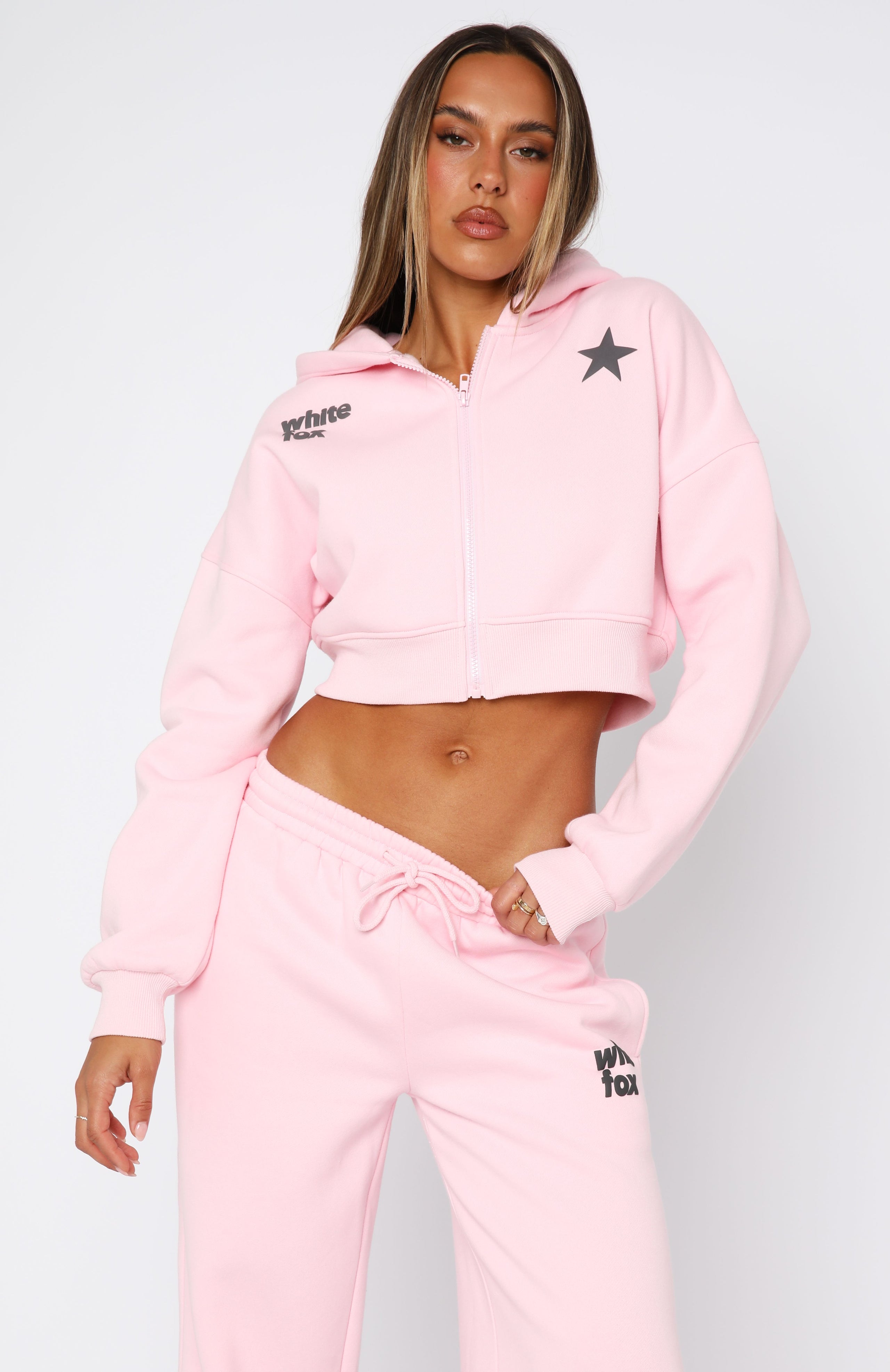 From The Archives Charli Cropped Zip Front Hoodie Pink | White Fox