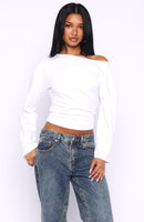 Falling For Him Cinched Waist Off Shoulder Long Sleeve Top White