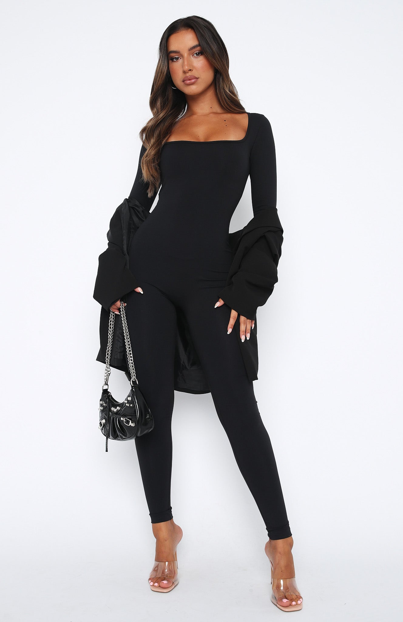 In A Daze Long Sleeve Jumpsuit Black | White Fox Boutique