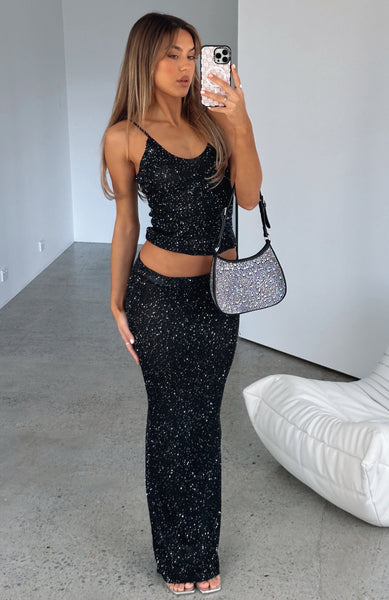 Star Shining Sequin Knit Maxi Skirt